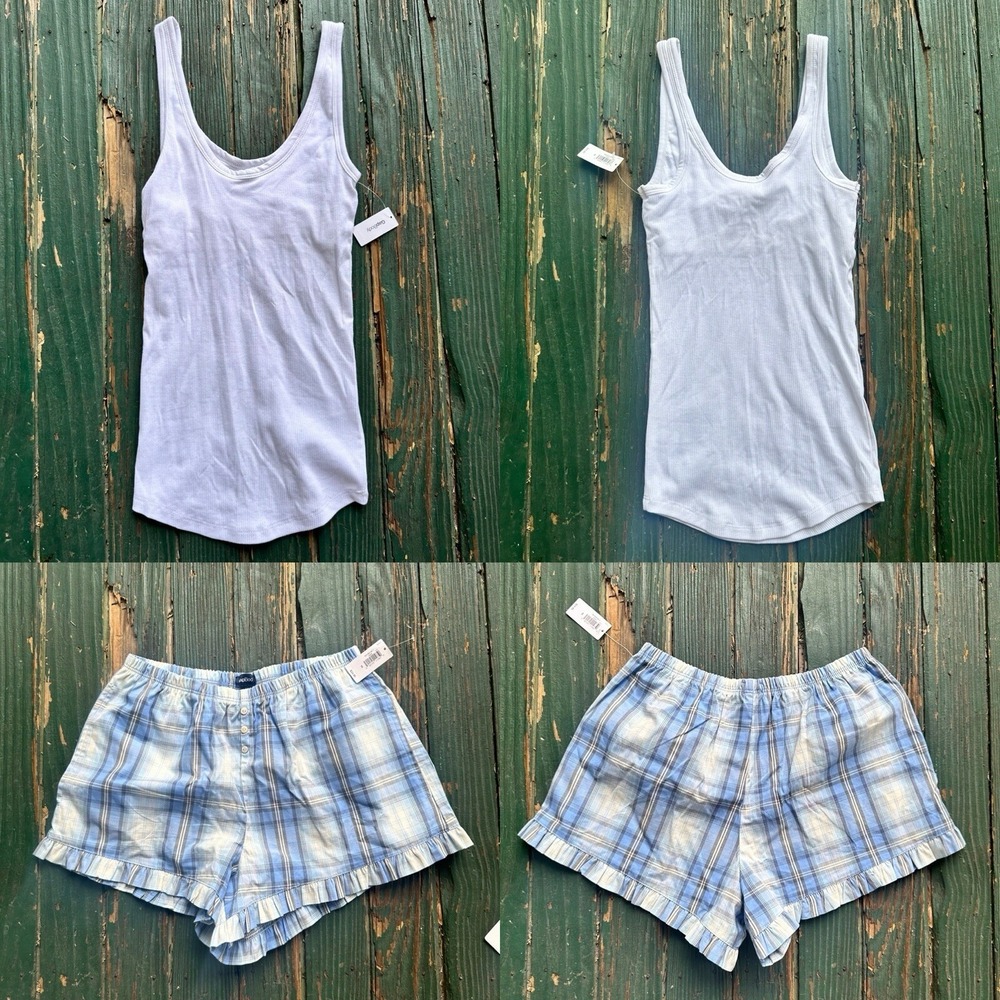 Gap Body Women's Sleep loungewear White Tank Top And Plaid Shorts Size Xs New